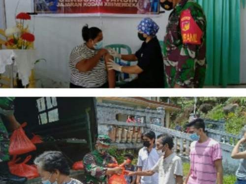 Pelaksanaan Vaksinasi dan pembagian sembako yang dilaksanakan oleh Kodim 1301/Sangihe tetap menerapkan protokol kesehatan.