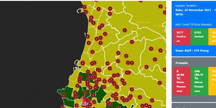 Informasi perkembangan kasus Covid-19 yang bisa diakses lewat situs resmi milik Pemkot Manado menggunakan sistem geospasial.