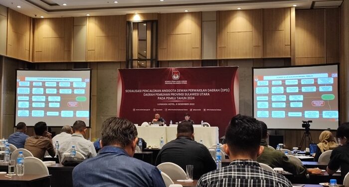 Sosialisasi terkait pencalonan anggota DPD RI Dapil Sulut yang dilakukan KPU Sulawesi Utara di Hotel Luwansa Manado Selasa 6 Desember 2022. (foto: Barta1)