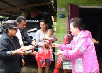 Foto: PJ. Bupati Sangihe dr. Rinny Tamuntuan menyerahkan bantuan di lokasi bencana di Manganitu Selatan. (Dok. Istimewa)