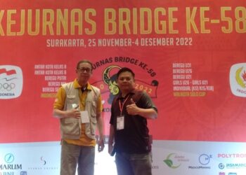 ohn A. W. Tumewu, ST - Tournament Director Asia, (kiri memakai rompi), usai memimpin Kejurnas Bridge di Solo Desember 2022. (foto: dokumentasi Michael Tumiwang)