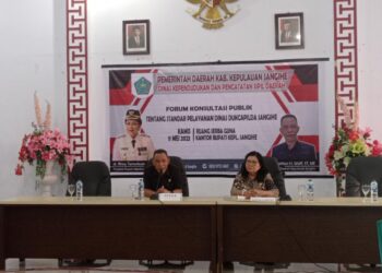 Foto: Sekda Sangihe Melanchton H. Wolff dan Kadis Dukcapil Ratna Lombongadil saat membuka Forum Konsultasi Publik (FKP) di Ruang Serbaguna Kantor Bupati Sangihe 2023. (Dok. Rendy/Barta1)