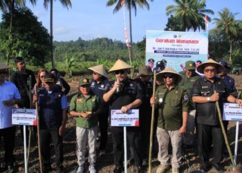 Dr. Jan Samuel Maringka S.H., M.H., CGCAE bersama rombongan dan Forkopimda Kepulauan Talaud melakukan penanaman jagung di kawasan persawahan Desa Tarun dan Desa Ambela, Kecamatan Melonguane.