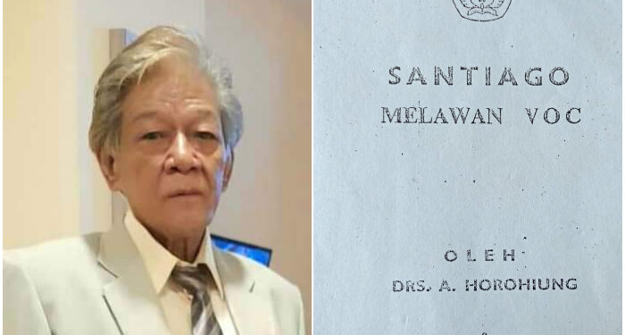 Foto: Alm. Aldus Horohiung dan karya ilmiahnya, Santiago Melawan VOC. (Dok. Istimewa)
