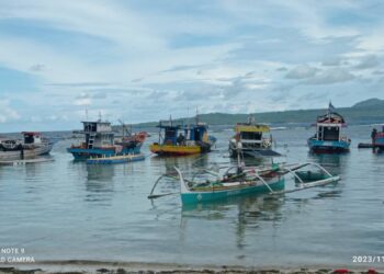 Perahu penangkap ikan yang terparkir di pelabuhan Lawasan, Salibabu.