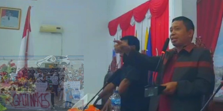 Ketua DPRD Kabupaten Kepulauan Talaud, Semuel Bentian, S.H., M.H saat menerima massa aksi.