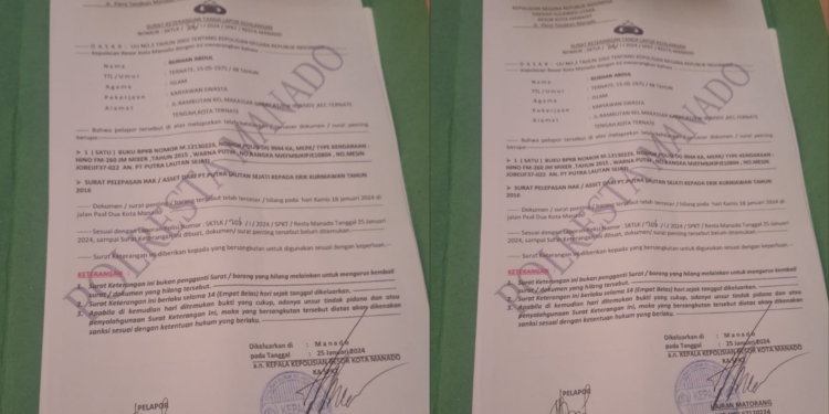 Foto surat keterangan tanda laporan kehilangan 2 buah barang berharga.