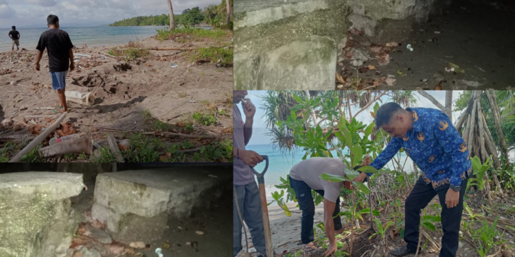 Kondisi tanggul pengaman pantai di Desa Pampalu yang jebol dan lokasi pengambilan dan pengangkutan pasir di Pantai.