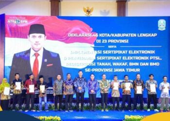 Menteri Agraria dan Tata Ruang/Kepala Badan Pertanahan Nasional (ATR/BPN), Agus Harimurti Yudhoyono (AHY) meluncurkan Implementasi Layanan Sertipikat Tanah Elektronik se-Jawa Timur. (sumber foto: ATR/BPN).