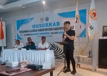 Mario Titah, SE saat memberikan sambutan ketua umum KONI Talaud terpilih.