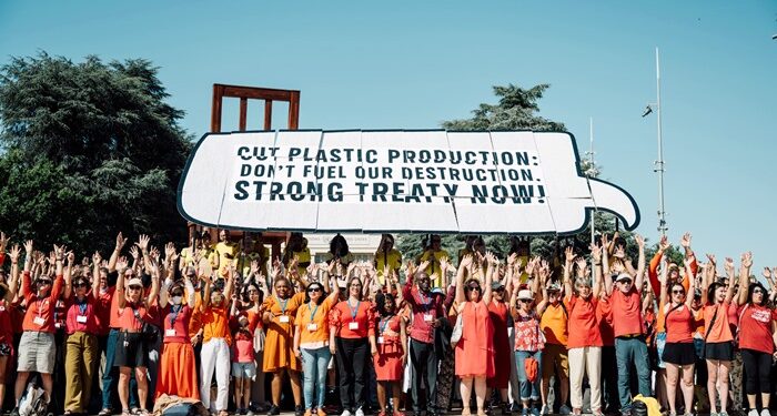 Ahead of the UN negotiations hundreds of citizens and civil society organisations from across the world gather at Place des Nations in Geneva to demand an ambitious and legally binding plastics treaty that puts people and the planet before polluters. Protesters wear yellow, red and orange to symbolise the urgency of the crisis and the danger posed by the unchecked production of plastic, which is overwhelmingly derived from fossil fuels.