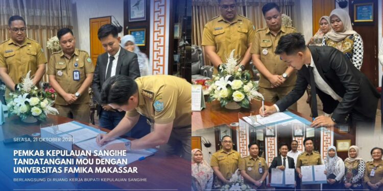 Foto: Bupati Kepulauan Sangihe Michael Thungari menandatangani MoU dengan Universitas Famika Makassar. (Dok. Istimewa)
