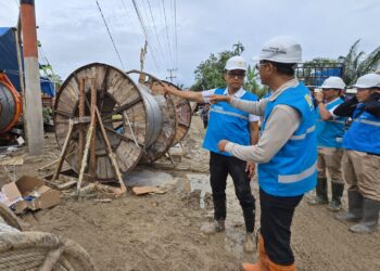 Direktur Utama PLN, Darmawan Prasodjo ketika menyelesaikan pemasangan kabel di titik tower 142 pada jaringan transmisi Pangkalan Brandan-Langsa. (foto: Humas PLN)