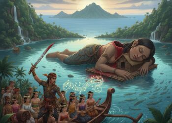 Cerita rakyat dari pulau Makalehi, Kabupaten Sitaro tentang Raksasa Linsaha dan Onding. (Gambar: Ilustrasi AI)