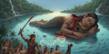 Cerita rakyat dari pulau Makalehi, Kabupaten Sitaro tentang Raksasa Linsaha dan Onding. (Gambar: Ilustrasi AI)