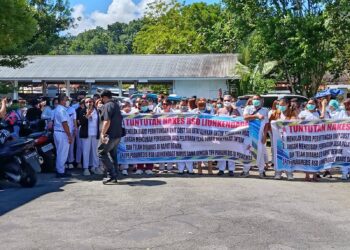 Foto: Aksi unjuk rasa tenaga kesehatan di gedung DPRD Kabupaten Kepulauan Sangihe. (Dok. Istimewa)