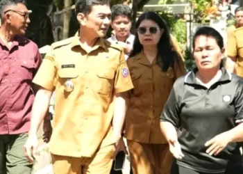 Bupati Kepulauan Talaud saat meninjau lokasi terdampak banjir.