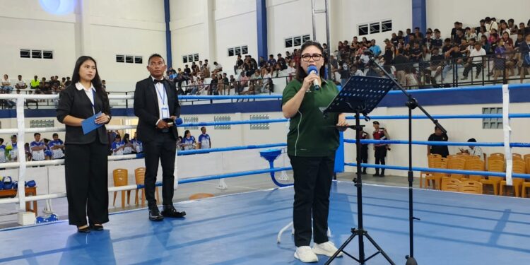 Foto: Sambutan Sekretaris Dispora Sulawesi Utara, Rinny Mamahit. (Dok. Rendy/Barta1)