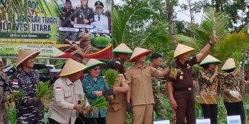 Foto bersama saat panen padi di persawahan desa Ambela.