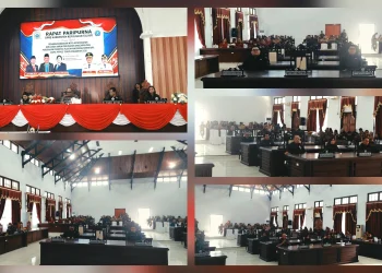 Wakil Bupati Kepulauan Talaud, Anisya G. Bambungan, S.E., menandatangani dokumen KUPA PPAS Talaud disaksikan Rapat Paripurna DPRD yang dipimpin langsung oleh Ketua DPRD, Drs. Engelbertus Tatibi, M.E, Wakil Ketua I DPRD, Jakop, SE, Wakil Ketua II, Janastasya Ch. Parapaga, SE, S. Kom.