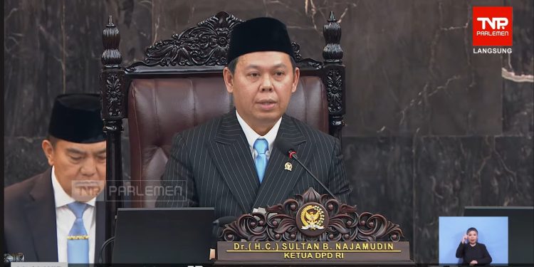 Foto: Pidato kenegaraan Ketua DPD RI, Dr. (H.C.) Sultan B. Najamudin pada Sidang Tahunan MPR RI serta Sidang Bersama DPR RI dan DPD RI di Jakarta, Jumat, (14/8/2026). (Dok. Tangkapan layar Youtube Parlemen)
