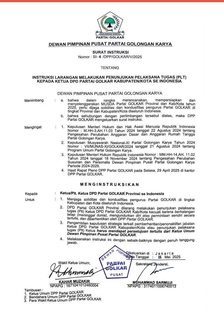 Surat Instruksi Nomor SI-4/DPP/Golkar/V/2025