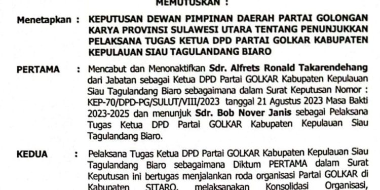 SK Plt Golkar Sitaro yang diterbitkan DPD I PG Sulut