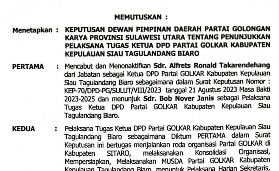 SK Plt Golkar Sitaro yang diterbitkan DPD I PG Sulut