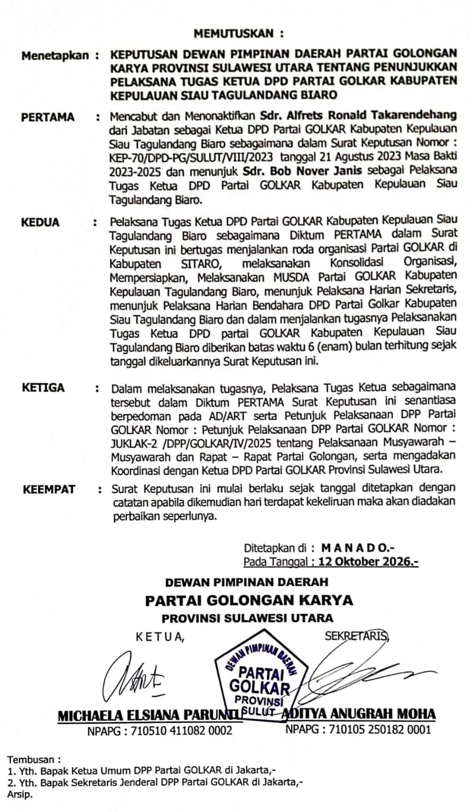SK Plt Golkar Sitaro yang diterbitkan DPD I PG Sulut